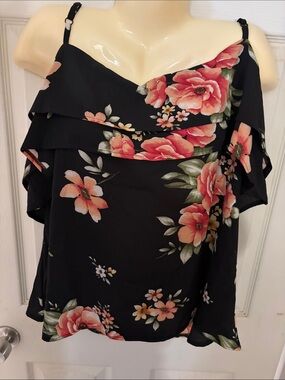 Black Floral Cold-Shoulder Ruffle Top - Unbranded